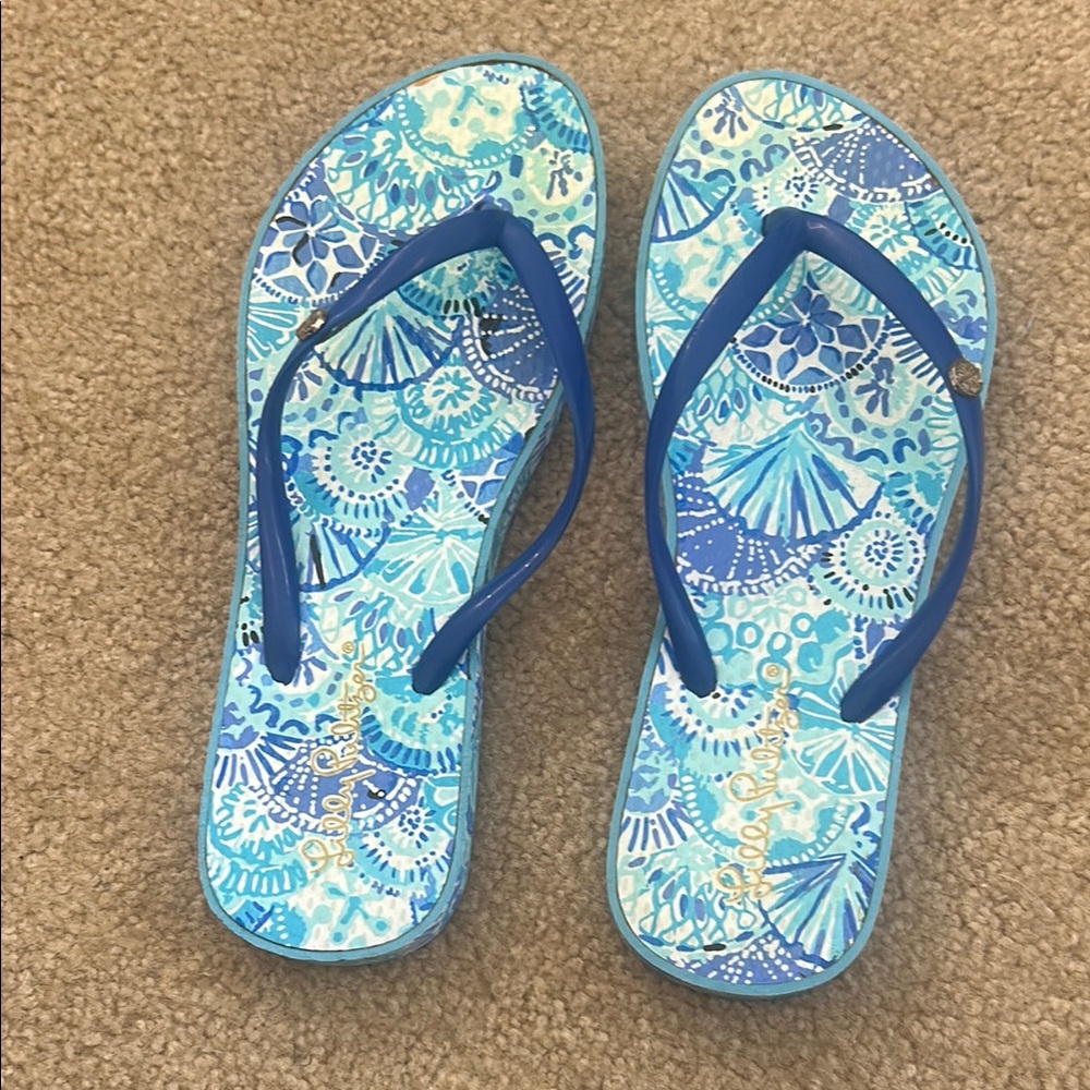 Lilly Pulitzer Blue and White Flip Flops 7/8